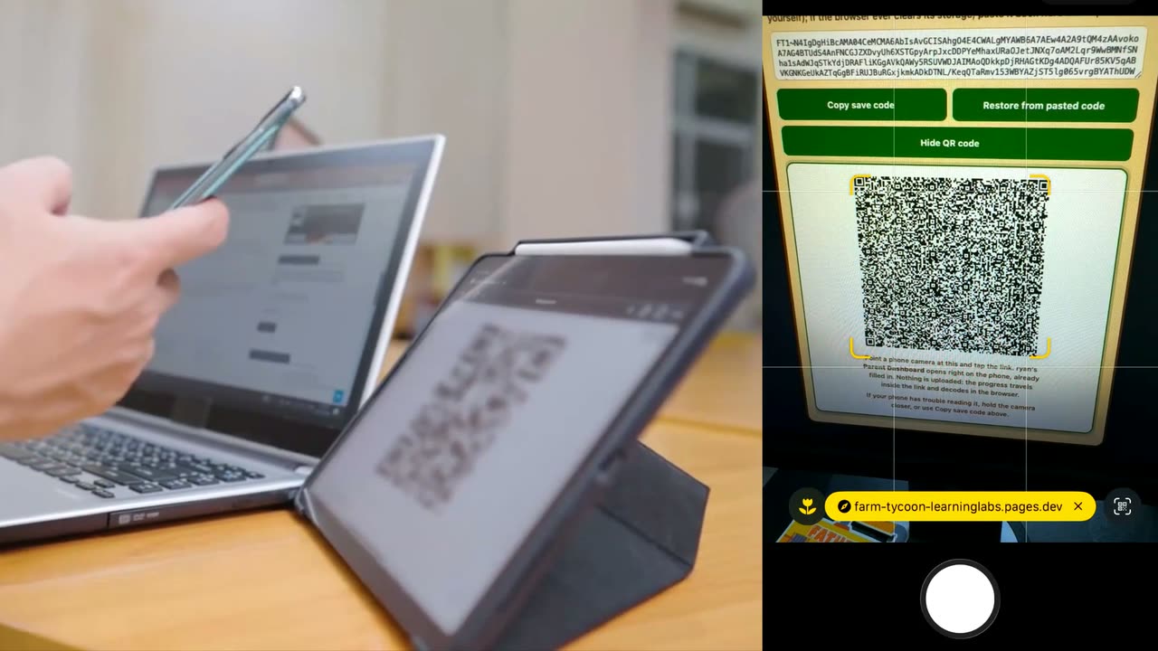 Scanning the game's QR code with a phone to open the parent dashboard