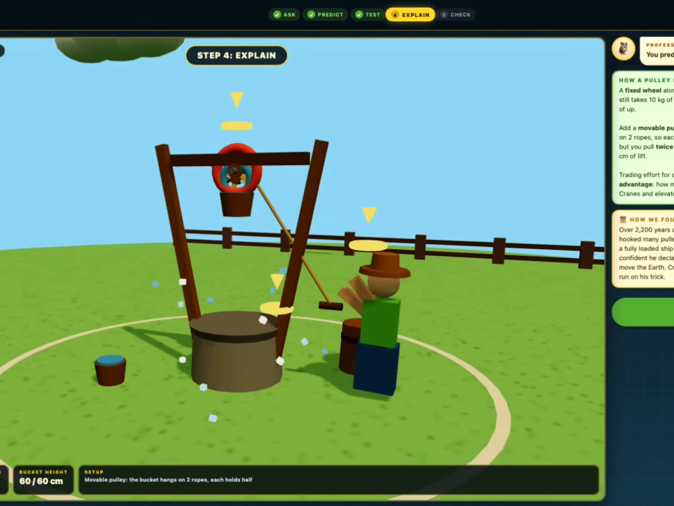 Adding a movable pulley: the effort meter drops by half